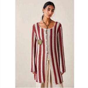 Zara collection crochet knit long boho cardigan coat two tone striped